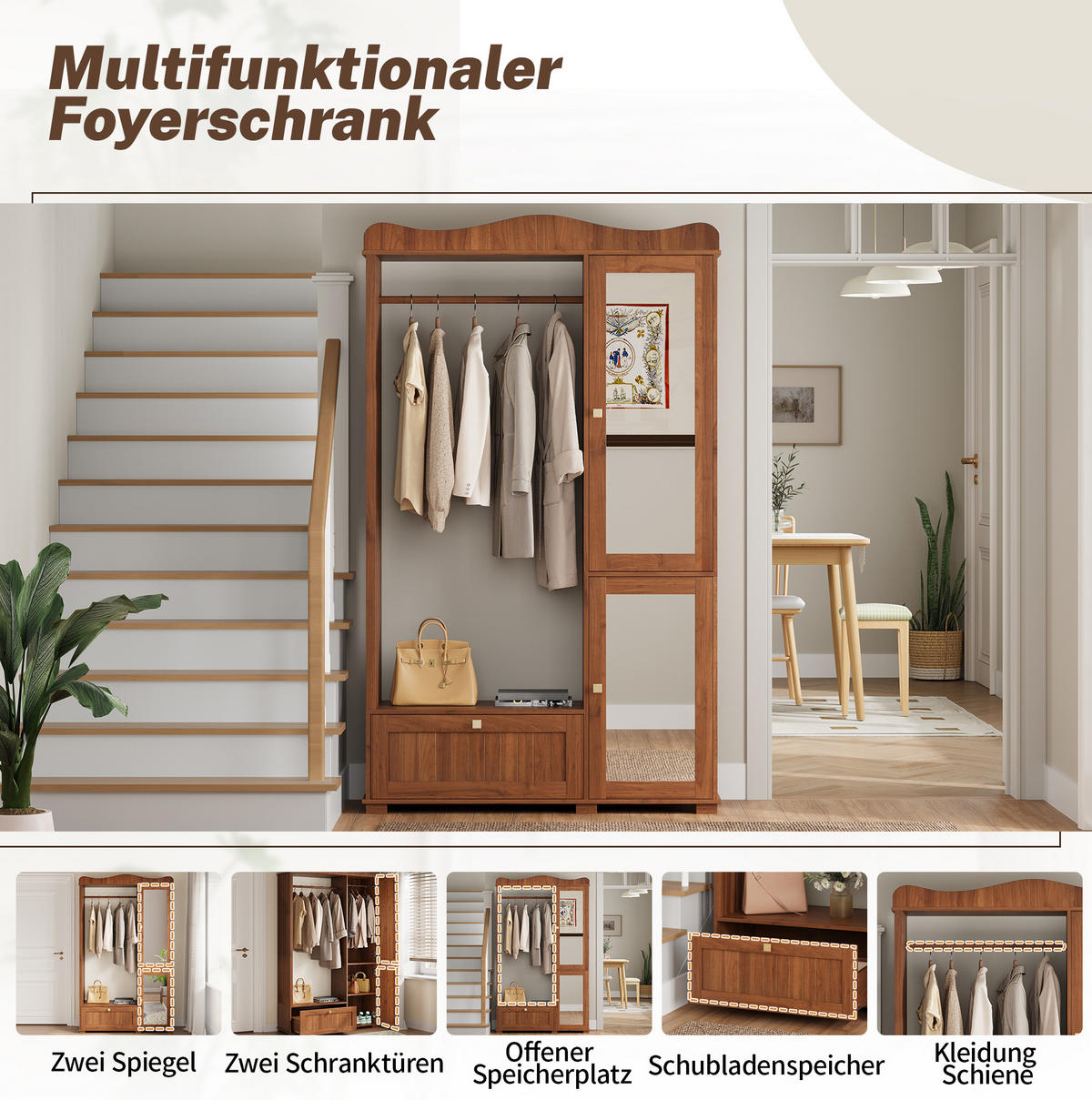 GARDEROBENSCHRANK 115,5/38,5/194,5 cm Nussbaum aus MDF mit Spiegel - Walnussfarben, Holzwerkstoff (115.5/194.5/38.5cm) - OKWISH