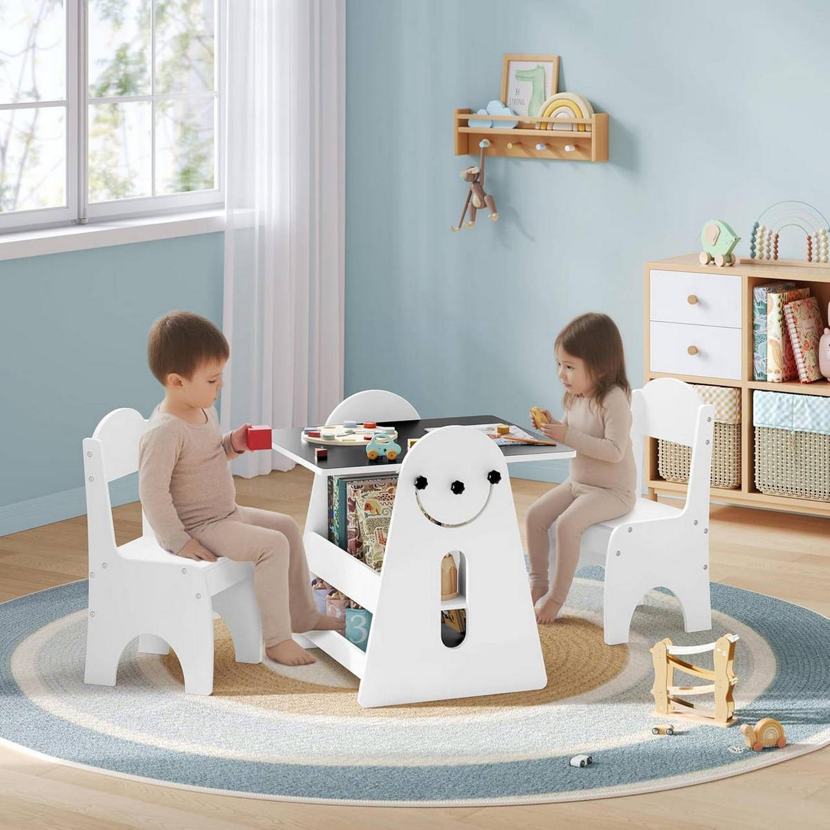 KINDERTISCH mit 2 Stühlen, Stauraum Tafel, Maltisch, Weiß - Weiß, Holzwerkstoff (60/60/57.5cm) - Woltu