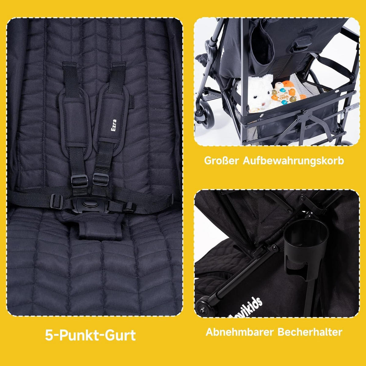 BUGGY Kinderwagen Reisebuggy bis 22kg mit Liegefunktion und Verdeck schwarz - Schwarz, Metall (51/81/104.5cm) - Raelunyi