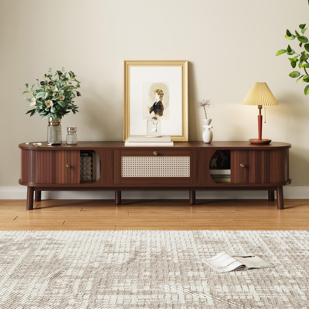 TV-SCHRANK mit Rattan-Schubladen und Türen in Holzoptik 170/38/39.5 cm - Eichefarben, Holzwerkstoff (170/38/39.5cm) - Redom