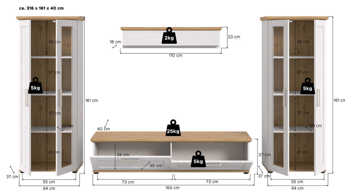WOHNWAND Siena 4 tlg. (B/H/T: ca. 316/161/40 cm) in Sibiu Lärche /Sibiu Lärche - Lärchefarben, Holzwerkstoff (316/161/40cm)