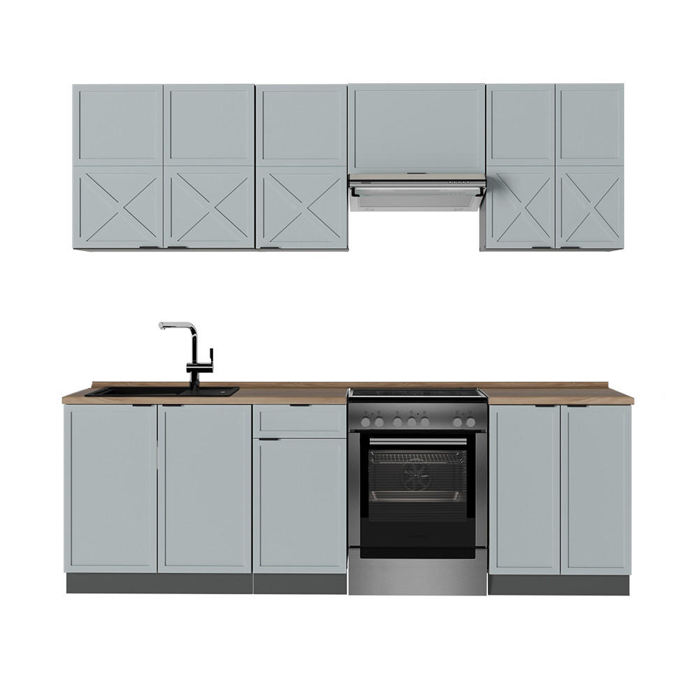 KÜCHENZEILE Fame-Line Hellblau-grau/Anthrazit 240 cm, AP Eiche - Anthrazit/Blaugrau, Holzwerkstoff (240/81.6/60cm) - Vicco