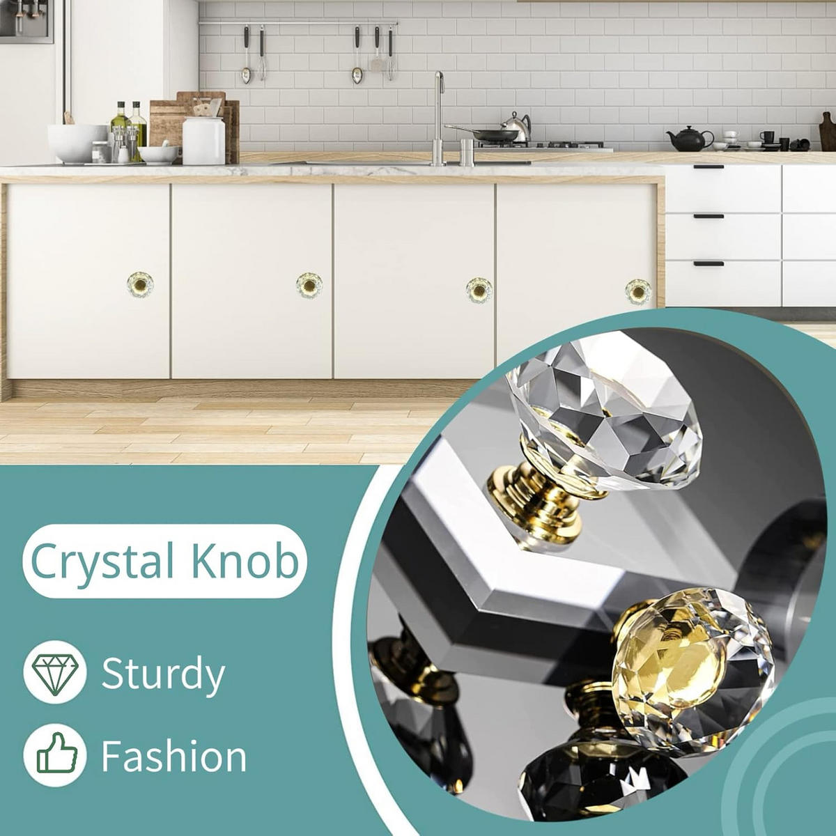 SCHRANKKNOPF Kristall Gold 10er-Set - Weiß, Metall (0.3/2/0.3cm)