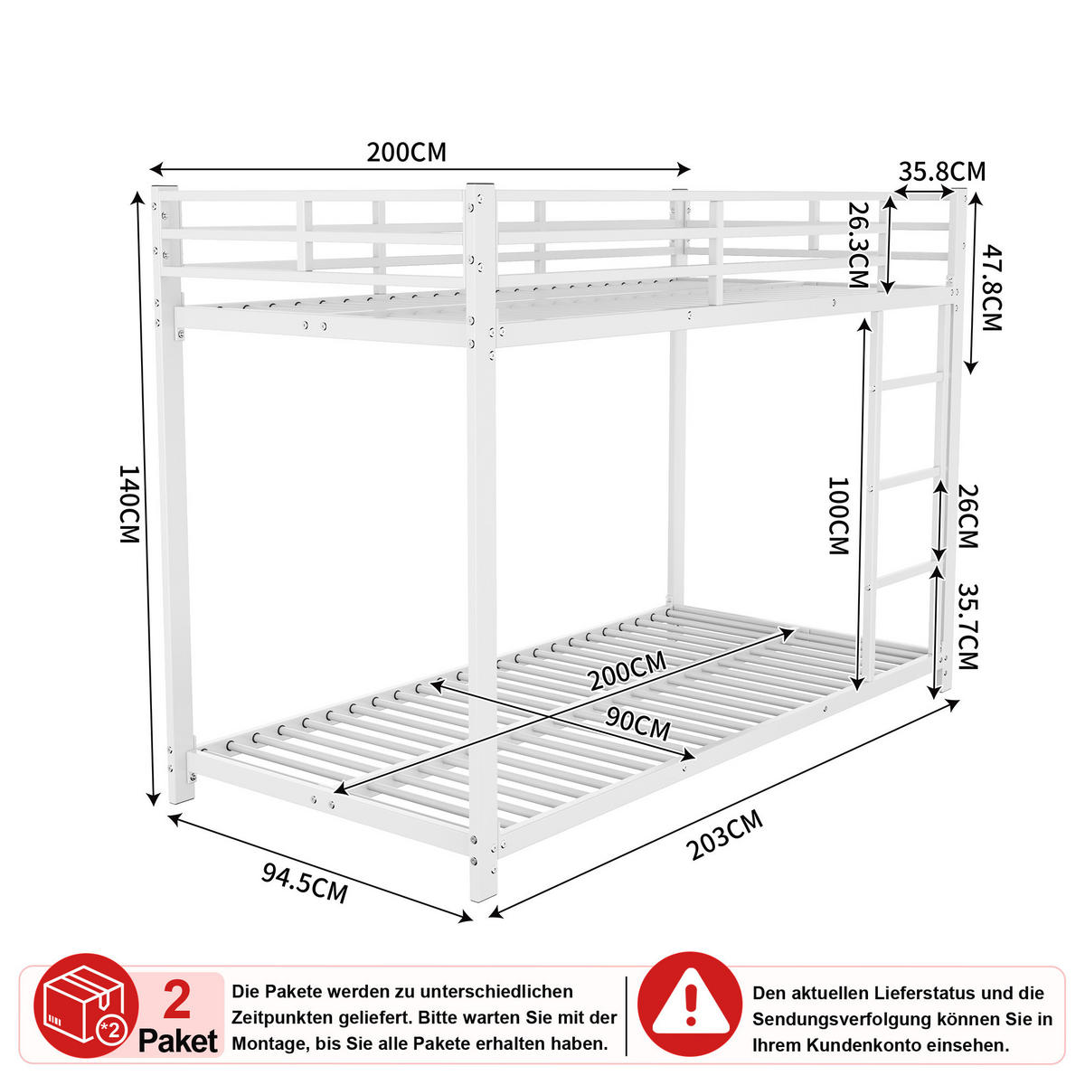ETAGENBETT 90/200 cm & 90/200 cm in Weiß mit Sicherheitsleisten - Weiß, Metall (90/200cm) - CHICFURN