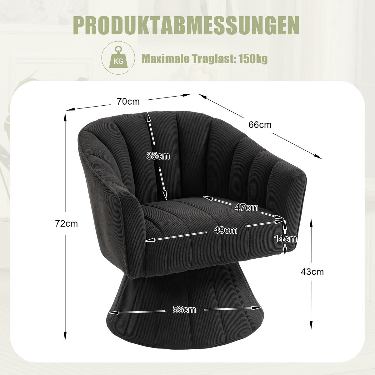 DREHSTUHL Drehsessel Loungesessel mit Polsterung,360°,Cord,Schwarz - Schwarz, Textil (70/72/66cm) - LVHOM