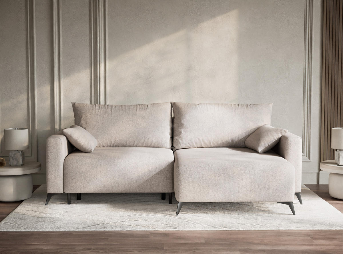 ECKSOFA MIT SCHLAFFUNKTION Leon Hellbeige Webstoff - Beige/Schwarz, Holz/Holzwerkstoff (239/148cm) - Maison de Reve