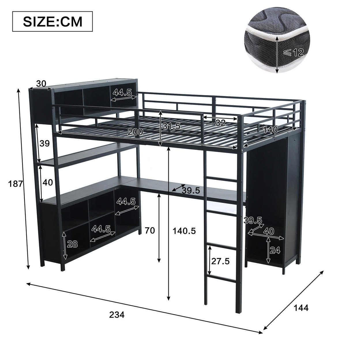 HOCHBETT 140/200 cm aus Eisen und Holzwerkstoff mit Schreibtisch, Kleiderschrank und Stauraum Schwarz - Schwarz, Metall (140/200cm) - Modenvie