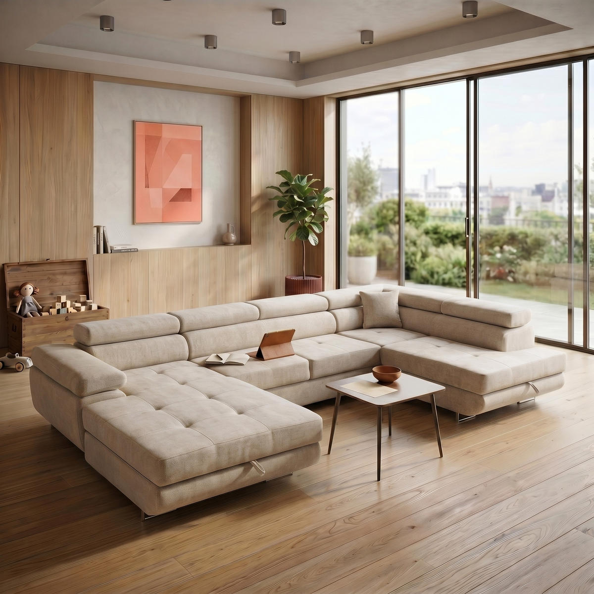 ECKSOFA U-Form WILD U Rechts mit Schlaffunktion 130x260 Chenille Beige - Beige/Silberfarben, Holz/Textil (203/90/350cm) - Muffo