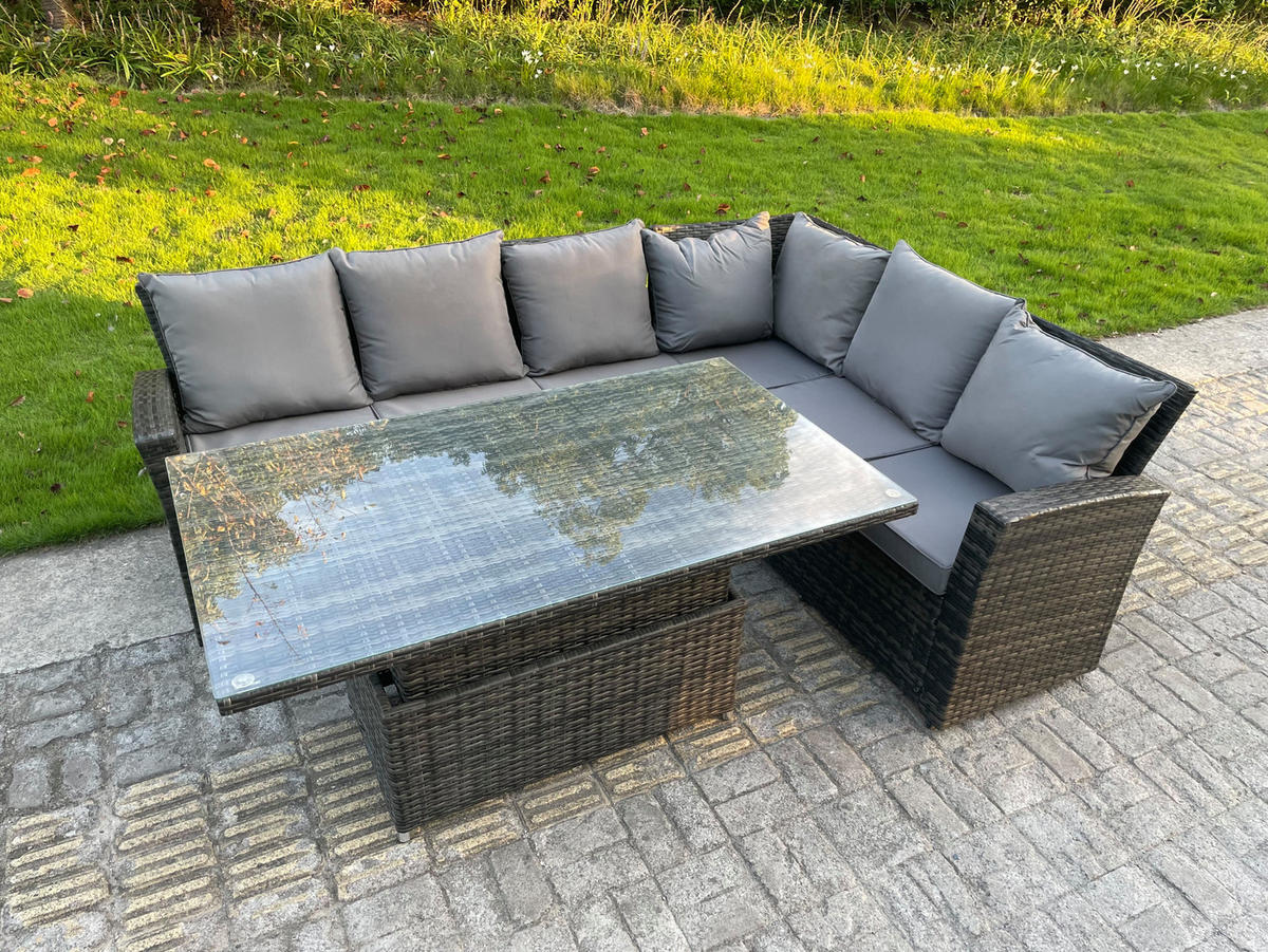 GARTENSOFA Hohe Rückenlehne Polyrattan 6-Sitzer - Dunkelgrau/Grau, Glas/Kunststoff - Fimous