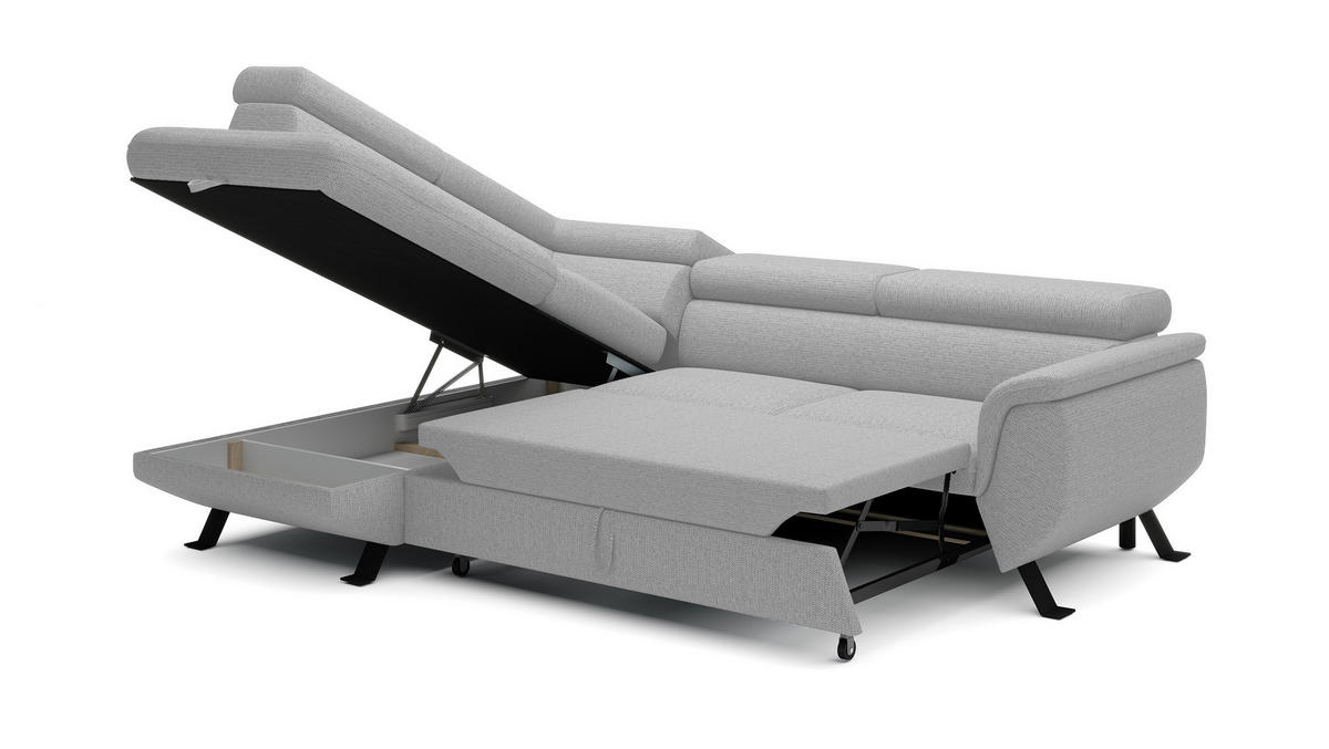 ECKSOFA RAVEN L mit Schlaffunktion und Bettkasten, Freistehend, Polstersofa mit Verstellbaren Kopfstützen, 257x198x96 cm, Linke, Esche - Silberfarben, Holz/Textil (198/256cm) - DomoHome
