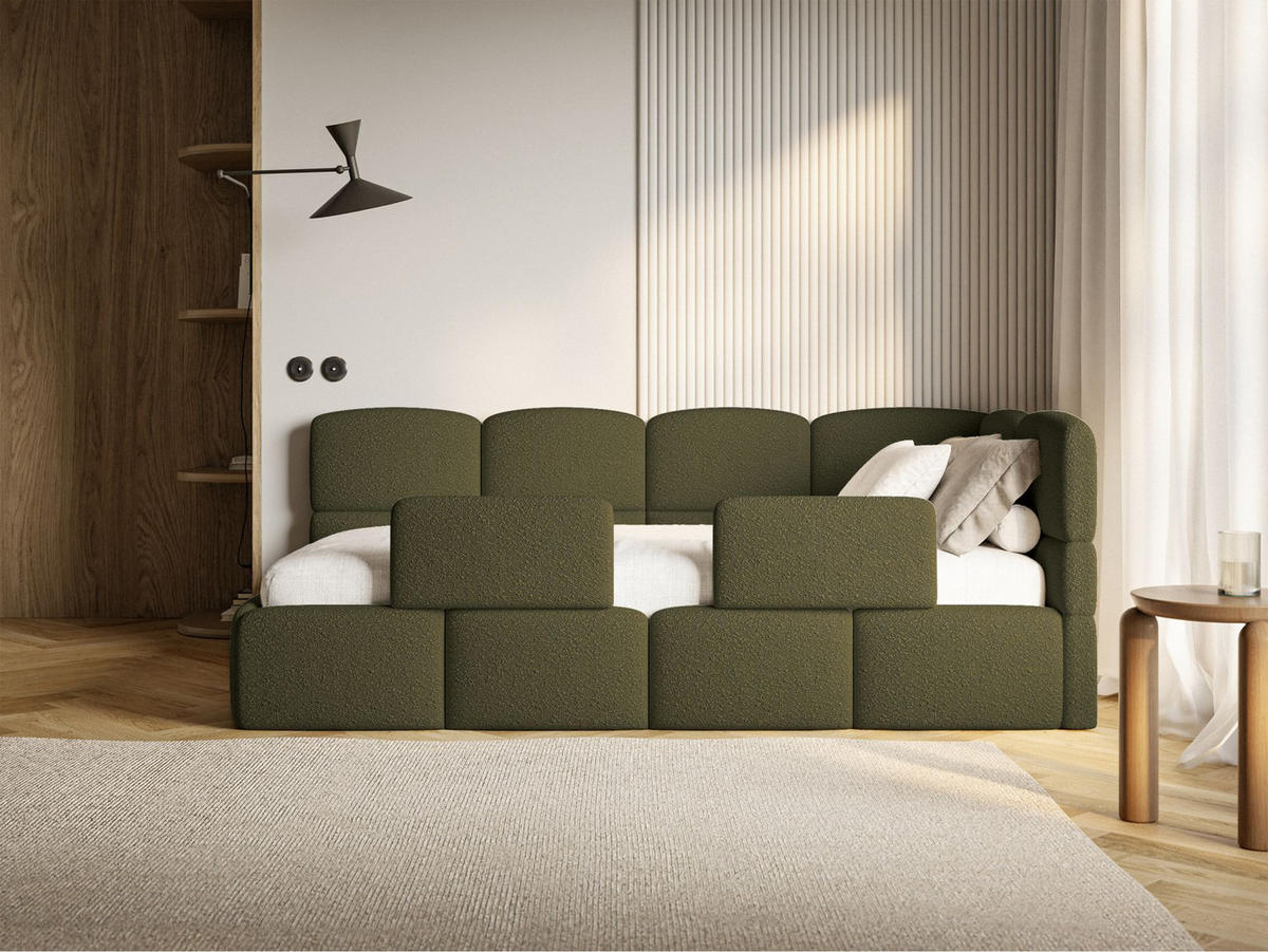 JUGENDBETT Cloudy rechts mit Matratze und Rausfallschutz Bouclé Olivgrün - Olivgrün, Kunststoff/Textil (90/200cm) - Selsey