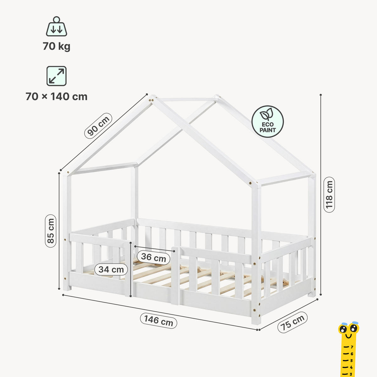 HAUSBETT Treviolo - Weiß, Holz (70/140cm) - [en.casa]