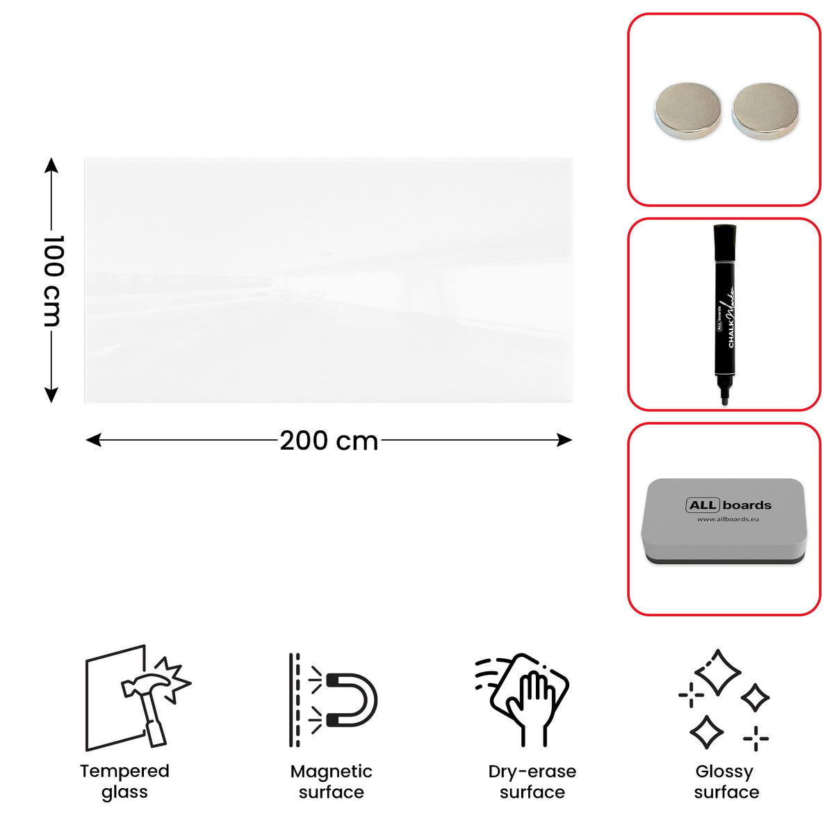 GLASBOARD - Premium SUPERWHITE Perlweiß 200x100cm - Weiß, Glas (200/100/0.8cm) - ALLboards