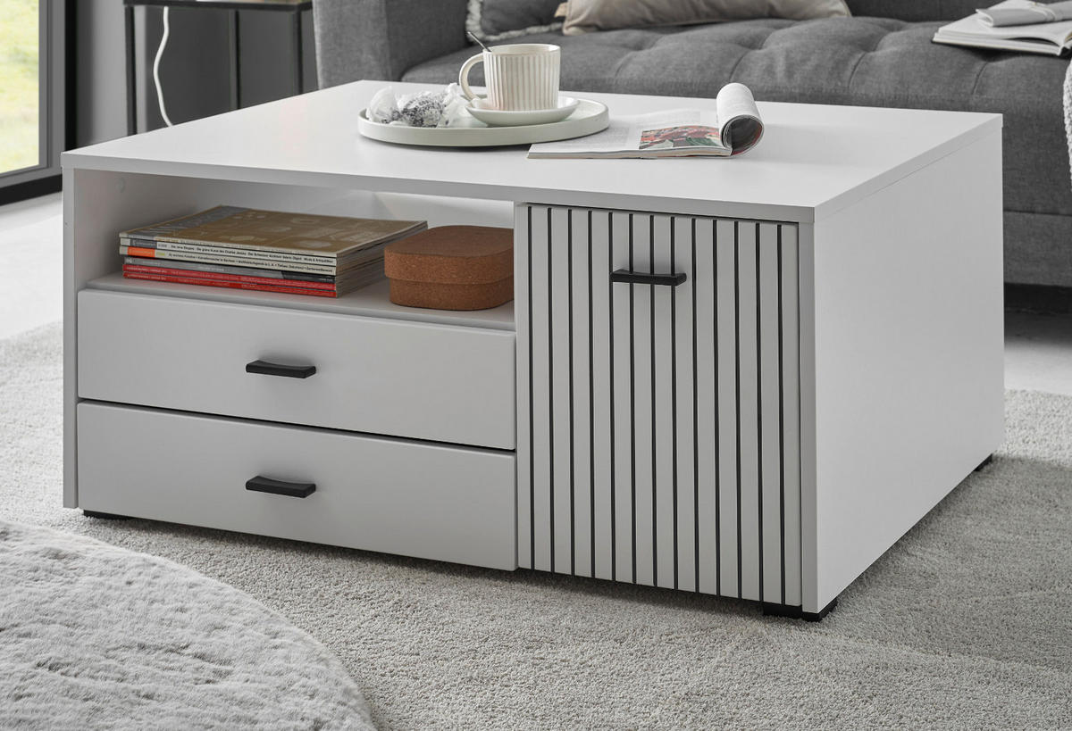 COUCHTISCH weiß matt, Beistelltisch 90 x 70 cm - Schwarz/Weiß, Holzwerkstoff/Metall (90/70/43cm) - Furn.Design