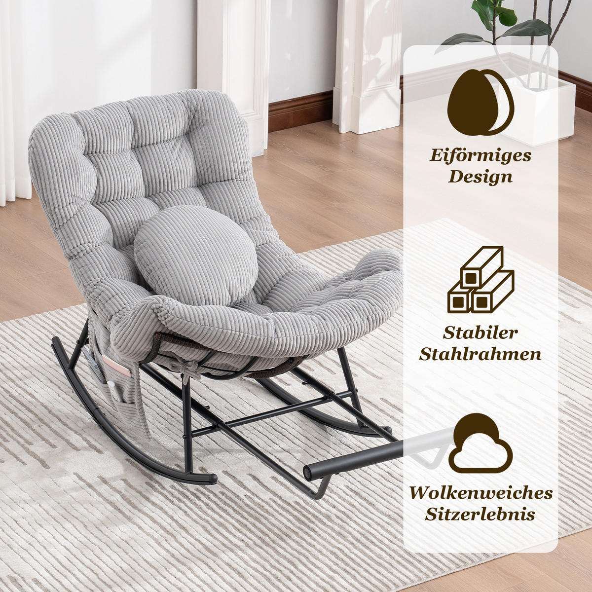 SCHAUKELSTUHL mit Fußstütze,Schaukelsessel XXL Rattanstuhl mit Kissen, Cord, Hellgrau - Hellgrau, Textil (90/78/150cm) - LVHOM