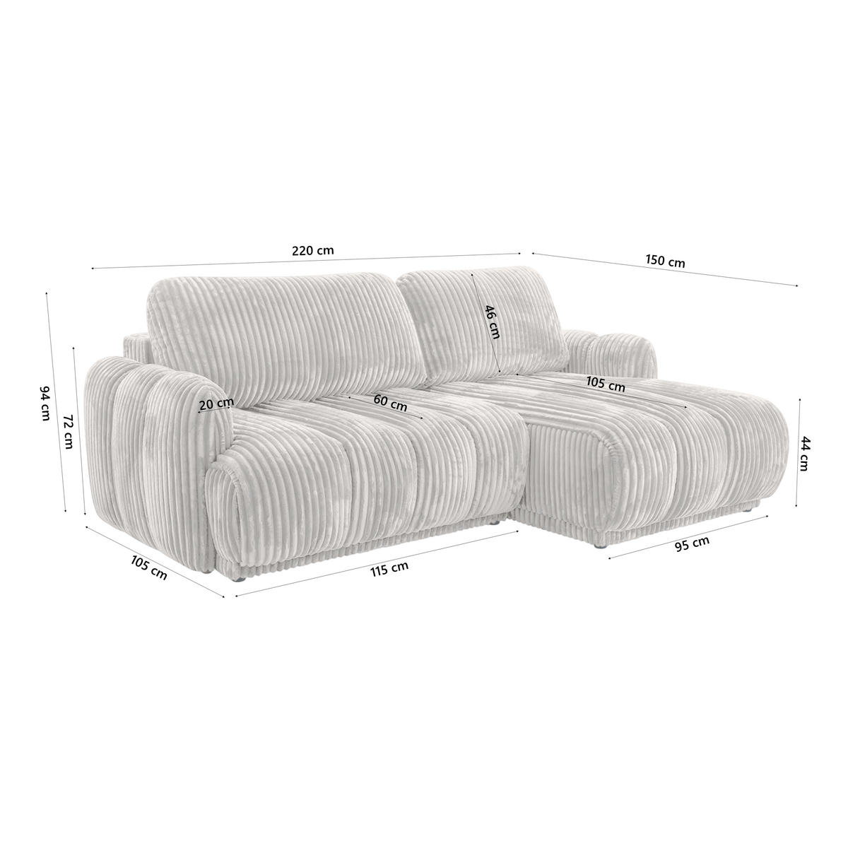 ECKSOFA CAMILO mit Schlaffunktion, Hellgrau - Hellgrau, Textil (220/150cm) - Fedve