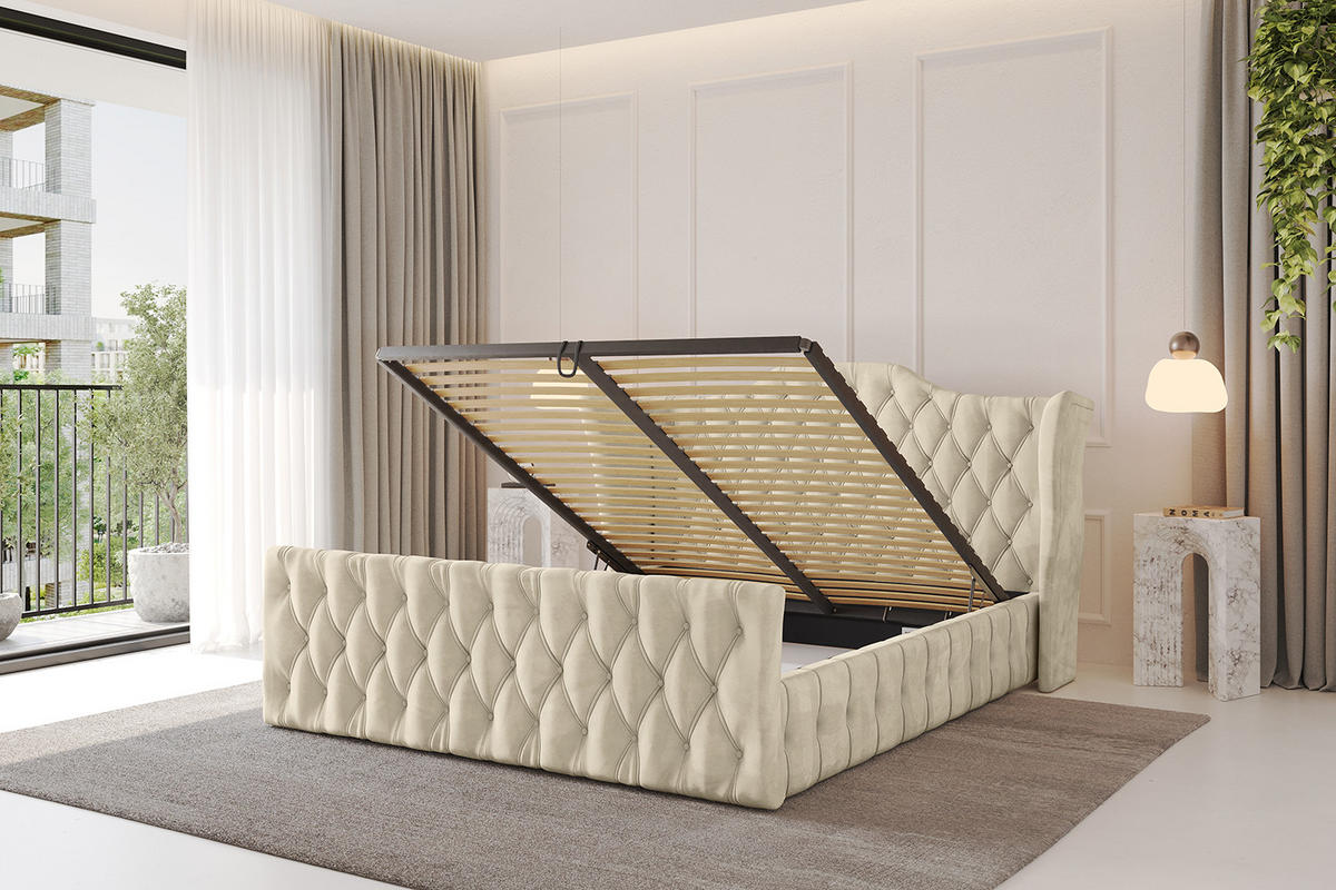 POLSTERBETT mit Bettkasten, Fußteil und Lattenrost, Boxbett mit Matratze H3/H4 - MODY-Z 180x200 Beige - Ecru, Holzwerkstoff/Textil (180/200cm) - ALTDECOR