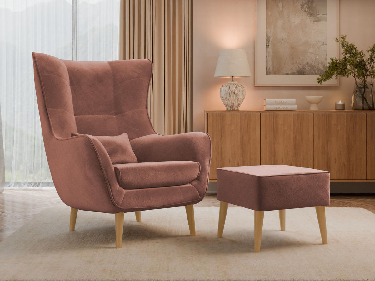 SESSEL Estjano mit Fußbank - Beige/Rosa, Holz/Textil (80/106/95cm) - MIRJAN24