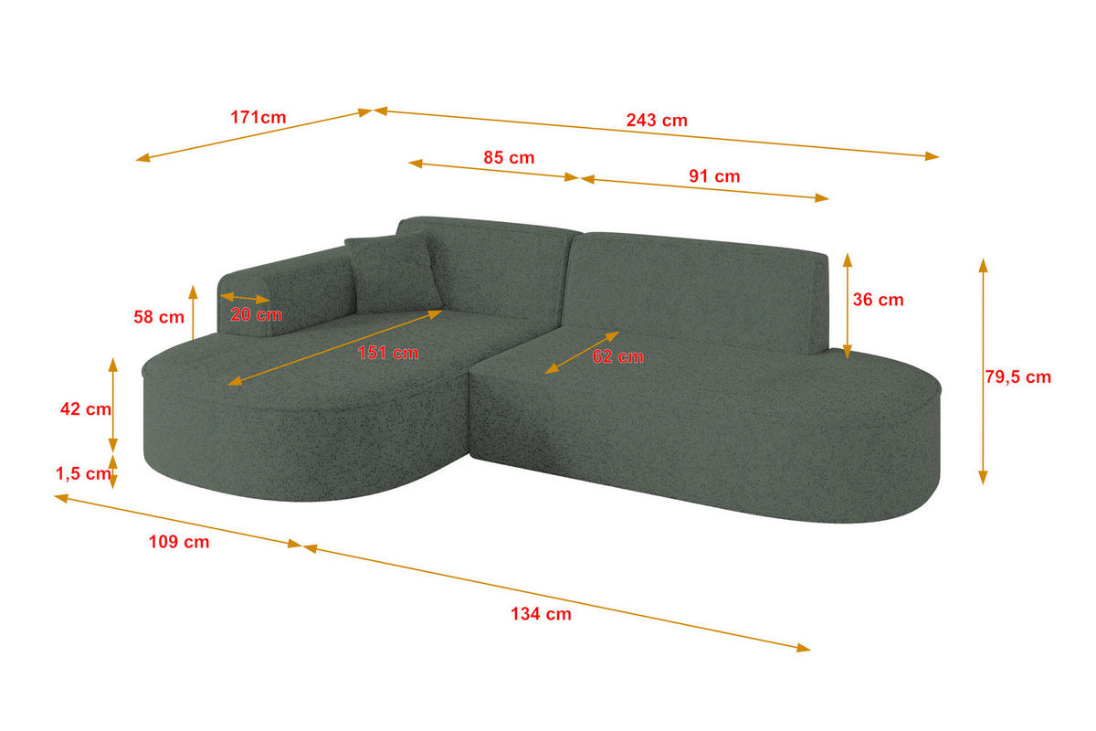 ECKSOFA Ottomane Links MARI-L1 - 243x171x79 cm Grün Tissu - Schwarz/Grün, Holzwerkstoff/Kunststoff (243/171cm) - ALTDECOR