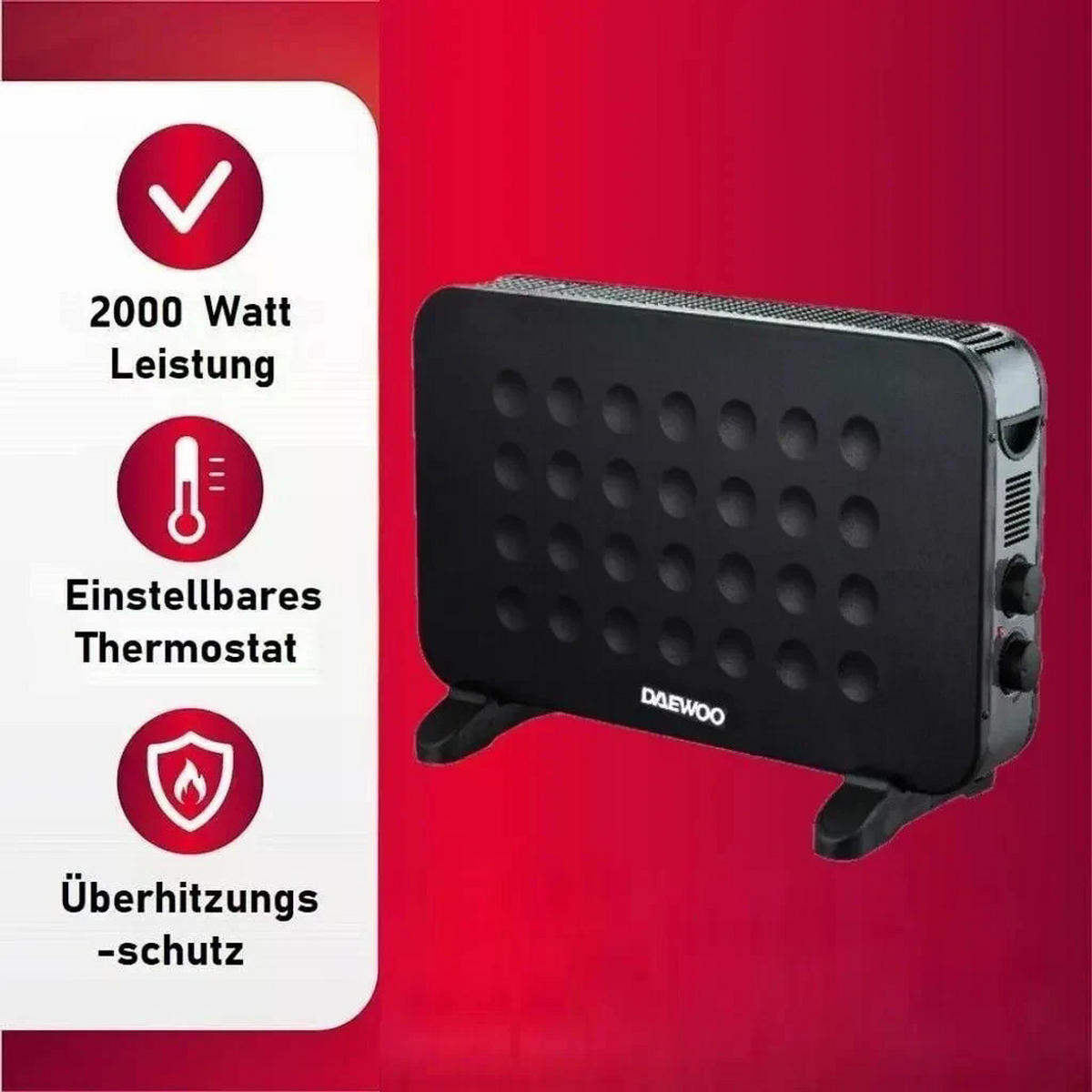 KONVEKTOR – Daewoo DHS-3317C – 2000 W, 3 Heizstufen, Thermostat, Überhitzungsschutz, Kippschutz, Mobiler Heizkörper, Leise, Energiesparend - Schwarz, Metall (44/64/33cm)