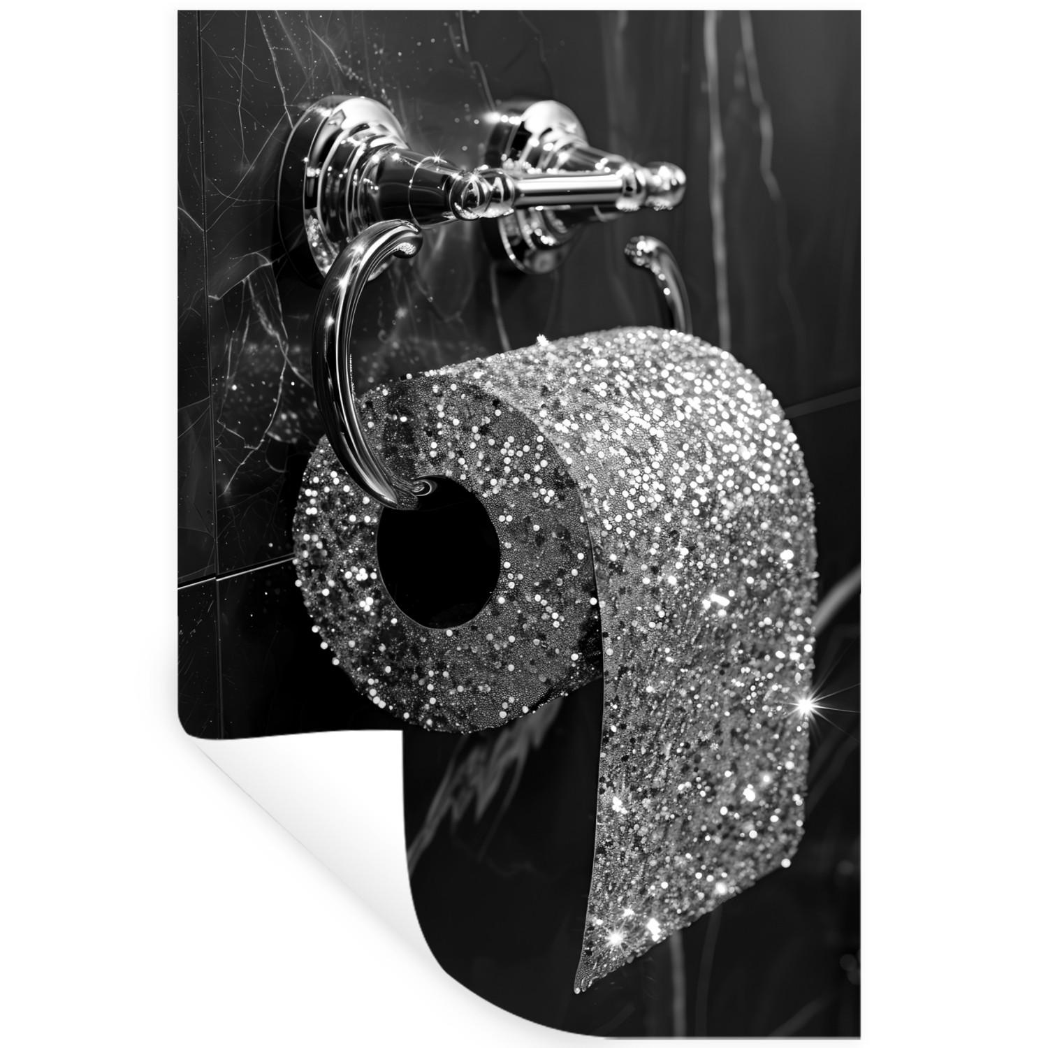 WANDTATTOO WC - Toilettenpapier - Schwarz und weiß - Glitter 40x60 cm - Silberfarben, Kunststoff (40/60/0.1cm) - MuchoWow