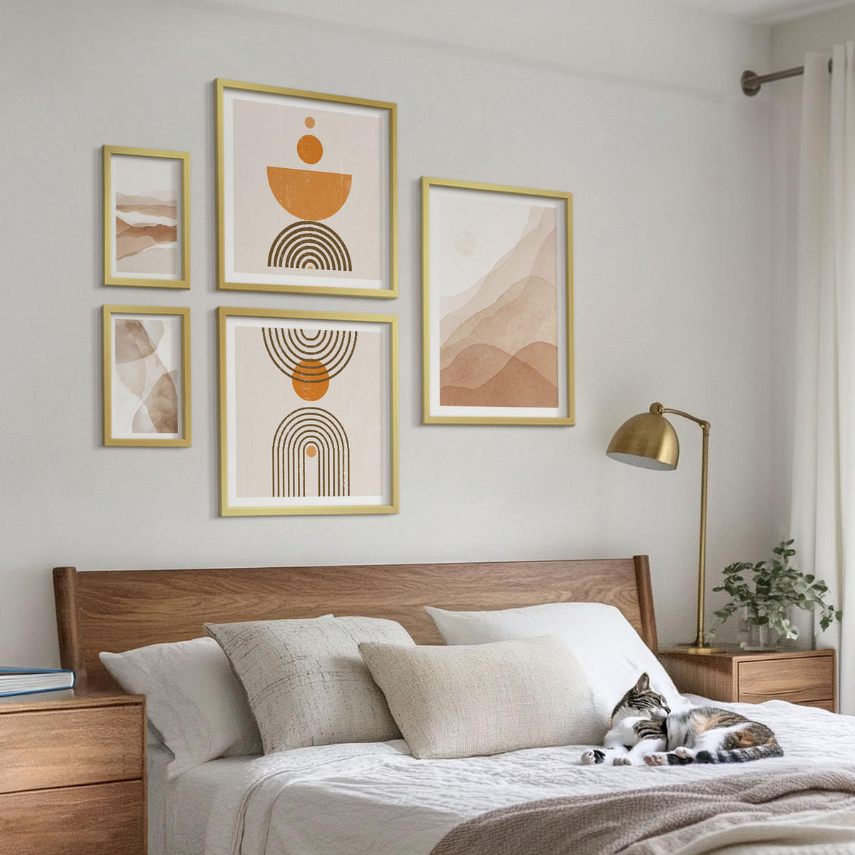 BILDER SET 5er Set - 50x50 cm & 20x30 cm & 40x60 cm Goldrahmen - Strukturen schattieren Minimalismus - Goldfarben, Kunststoff (40/60cm) - TULUP