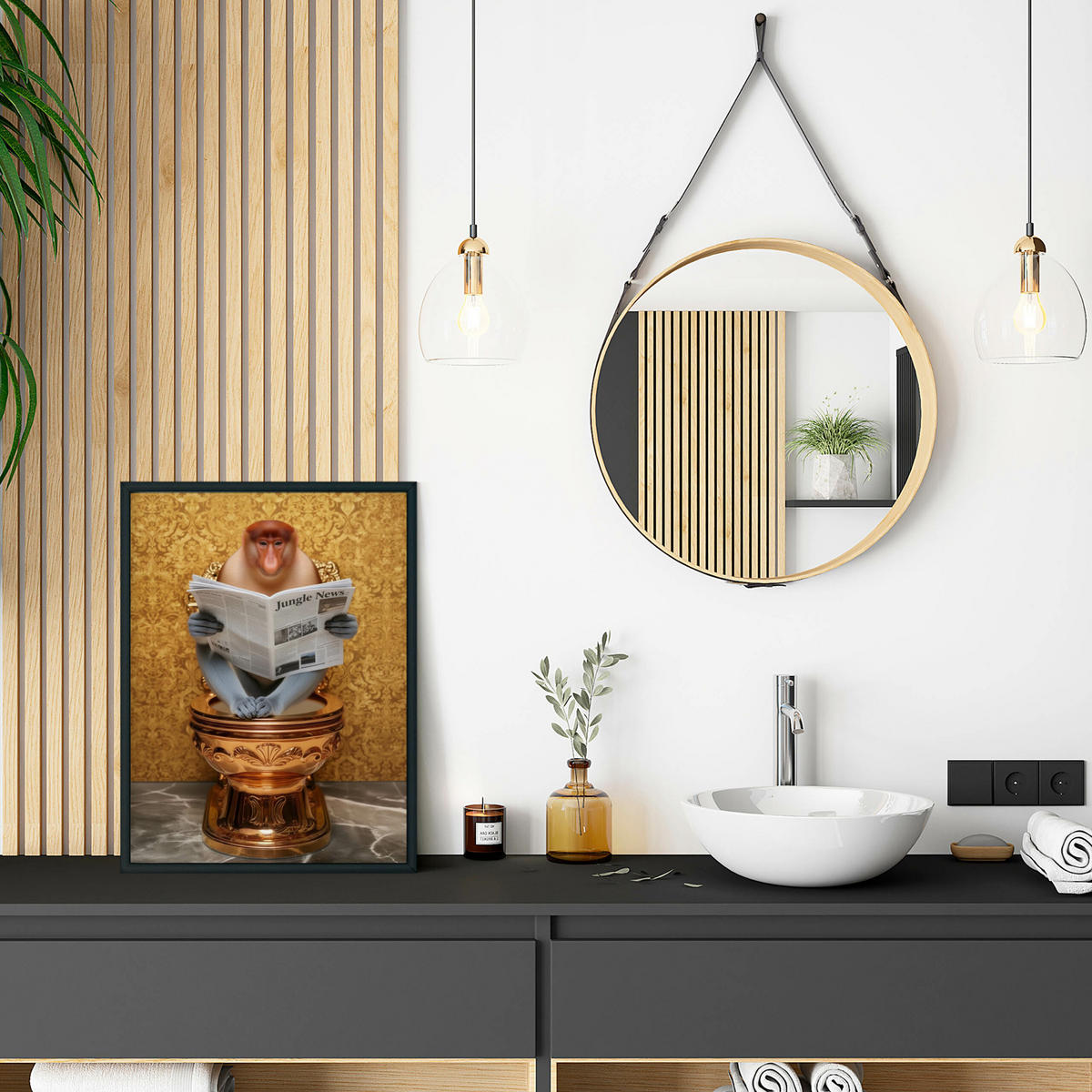 POSTER für WC Badezimmer NASENAFFE mit Zeitung Goldene Toilette Abstraktion 20x30cm - Beige/Orange, Papier (20/30/30cm) - Muralo