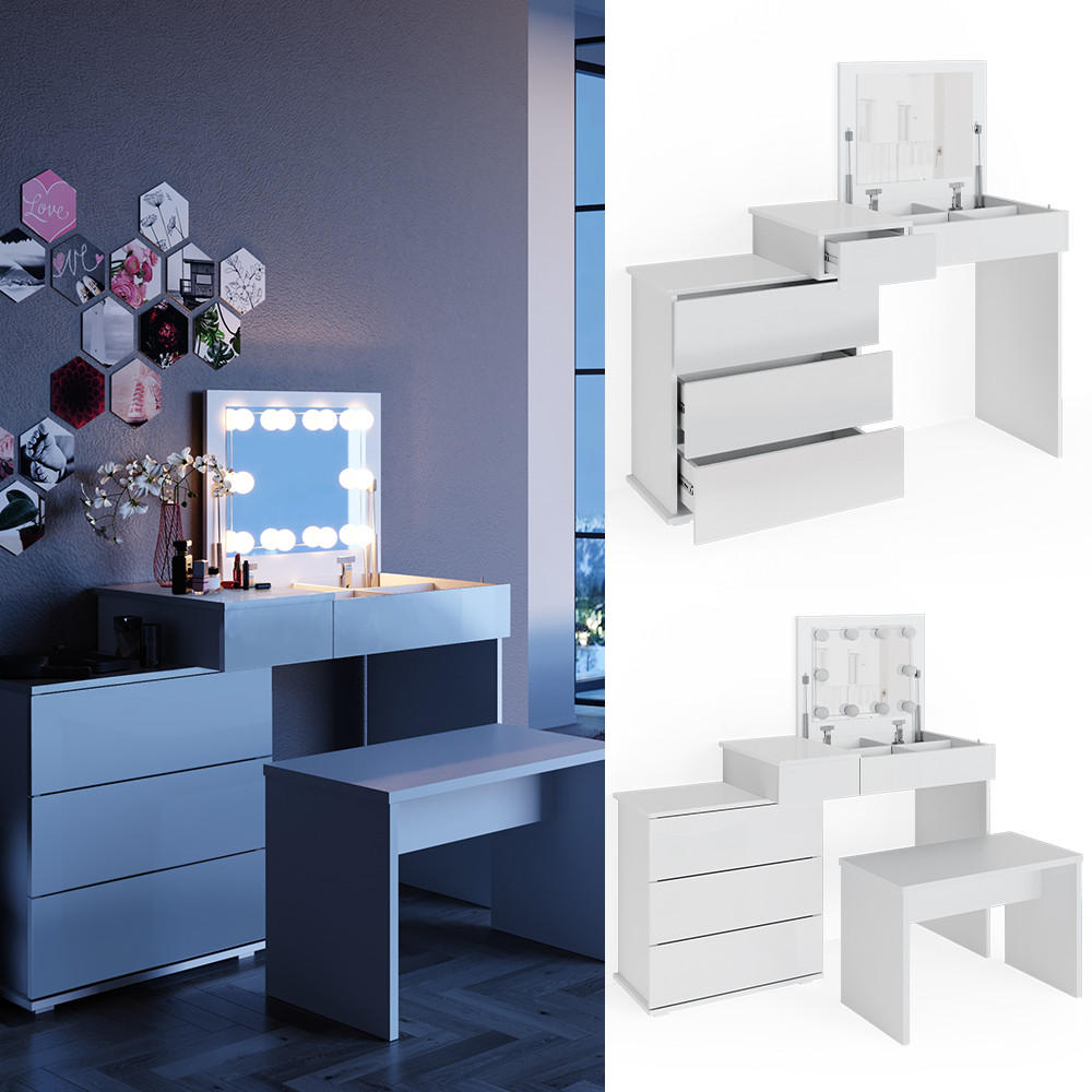 SCHMINKTISCH Lotos Weiß 117.4 cm mit LED Beleuchtung und Bank - Weiß, Holzwerkstoff (117.4/78/45cm) - Vicco