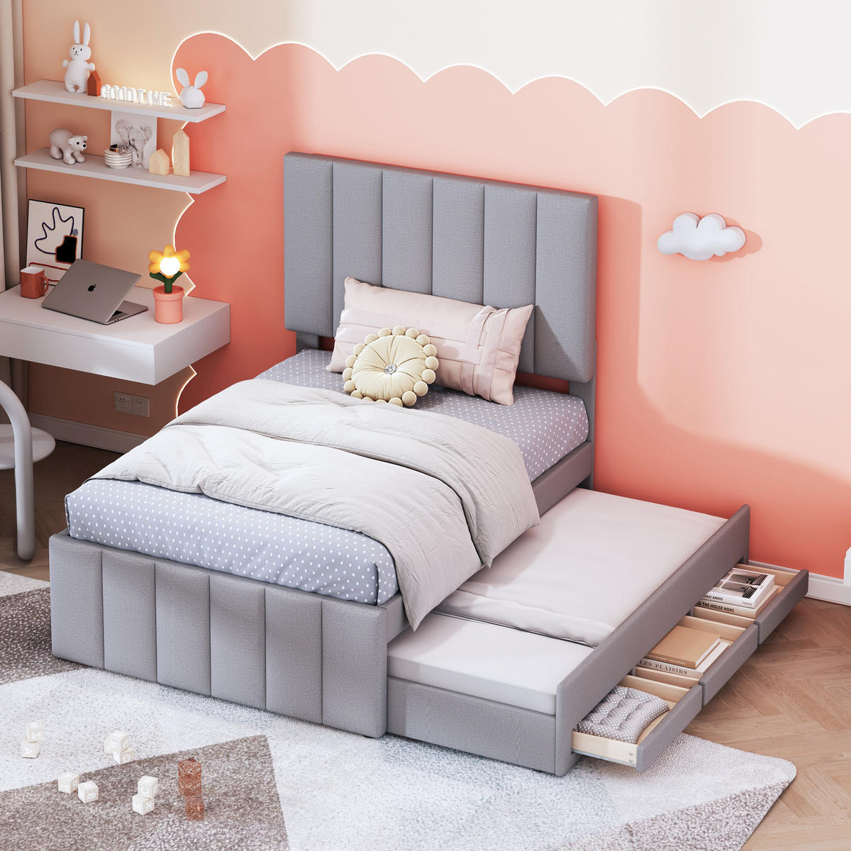 KINDERBETT 90/200 cm DE-01769, in Grau, mit Rollbett und Stauraumschubladen - Grau, Metall (90/200cm) - ComfortXL