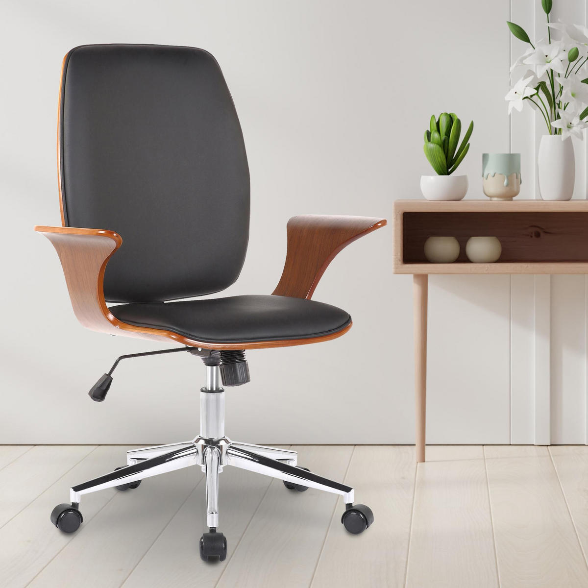 DREHSTUHL Lederlook walnuss/schwarz - Chromfarben/Walnussfarben, Textil/Metall (67/93/68cm) - CLP