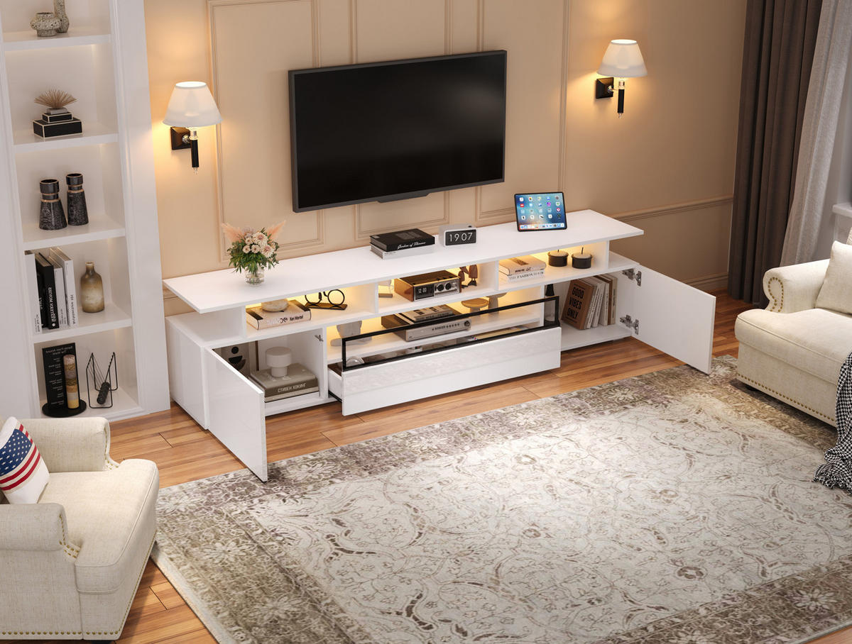 TV-LOWBOARD aus Spanplatte 180x38x45 cm Weiß mit LED-Beleuchtung, 2 Schränken, 1 Schublade und Hochglanzfront - Weiß, Holzwerkstoff (180/45/38cm) - Modfu