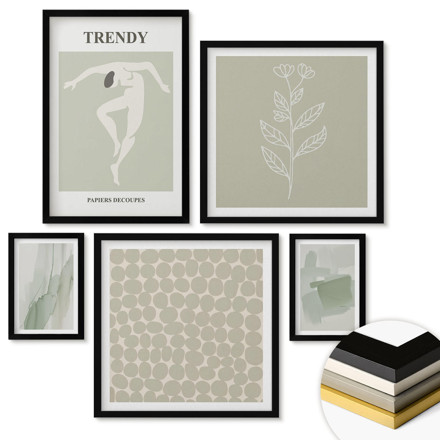 WANDBILDER 5er-Set - 50x50 cm & 20x30 cm & 40x60 cm Schwarzer Rahmen - Abstrakte Aquarellpflanzen - Schwarz, Kunststoff (40/60cm) - ArtPrintCave