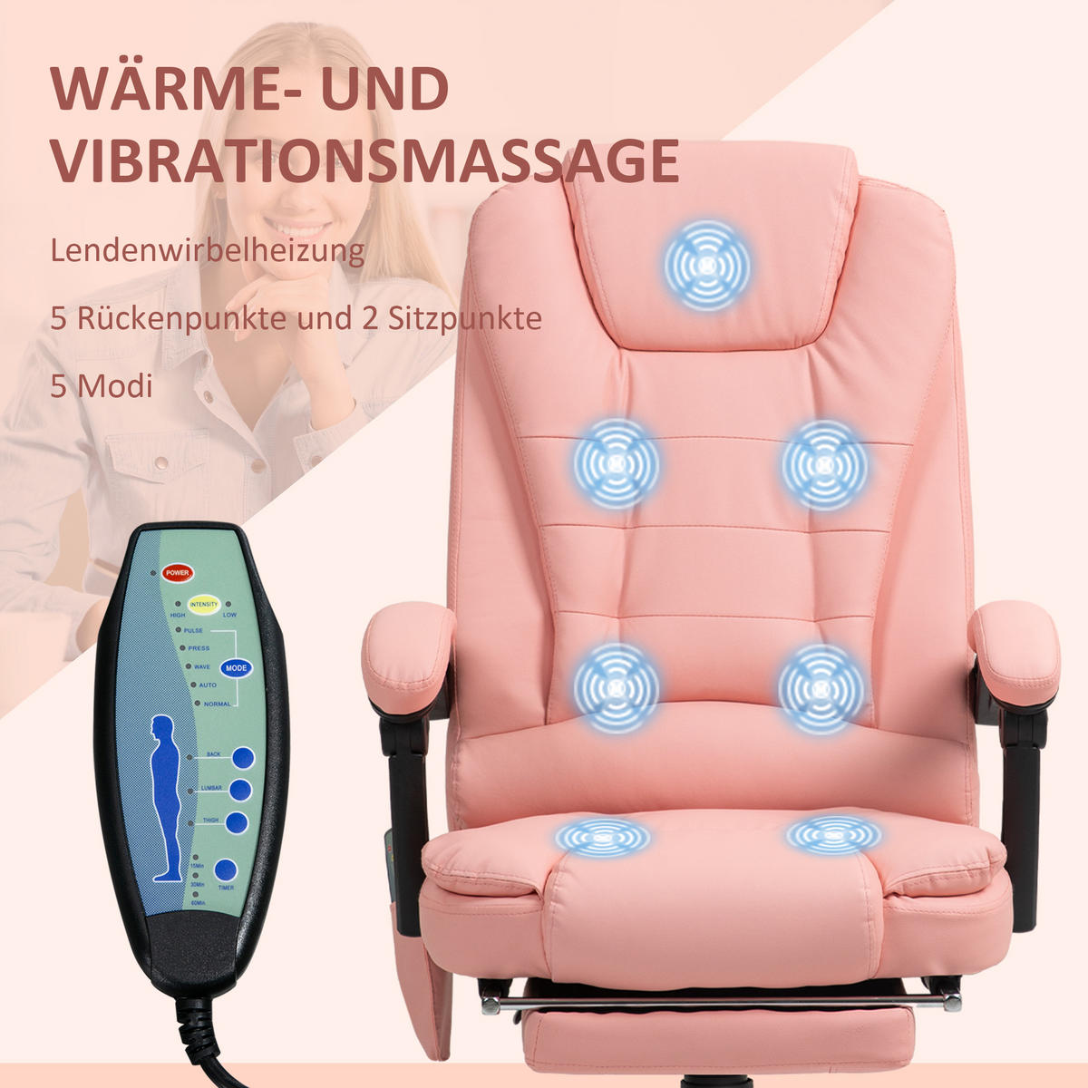BÜROSTUHL mit 7 Punkt Massage, ergonomischer Gaming Sessel mit Liegefunktion - Schwarz/Rosa, Kunststoff/Metall (67/121/67cm) - Vinsetto