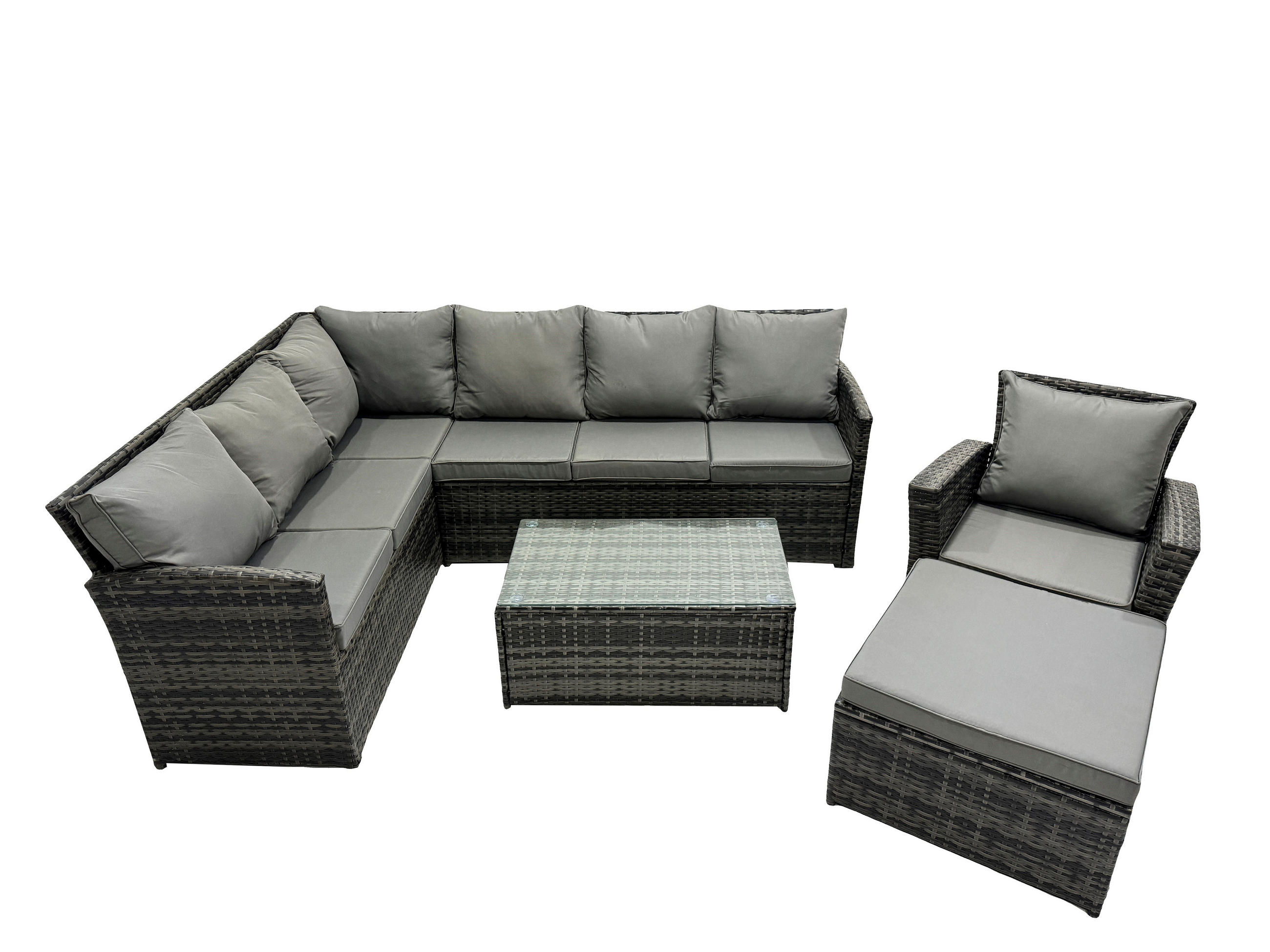 GARTENSET mit Couchtisch, Fußhocker Polyrattan Dunkelgrau 8-Sitzer - Dunkelgrau/Grau, Glas/Kunststoff - Fimous