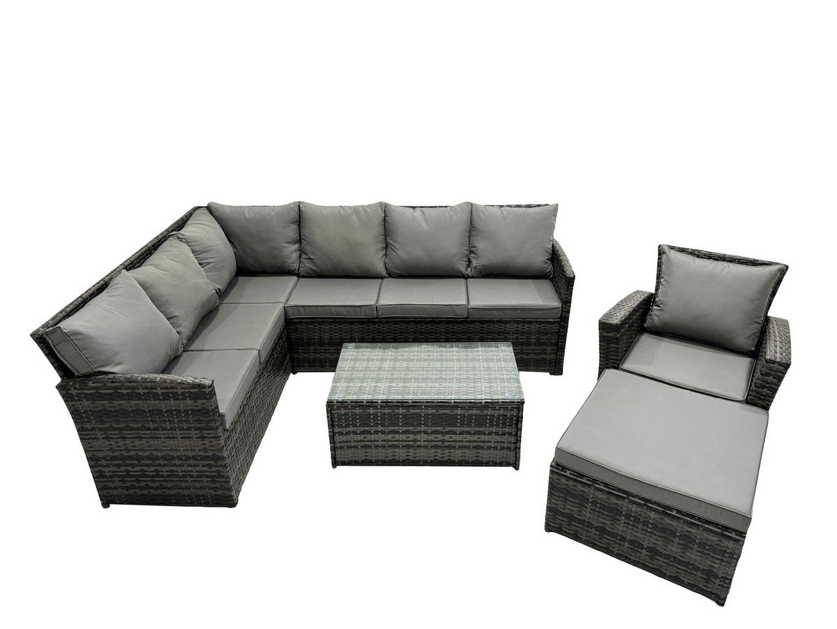 GARTENSET mit Couchtisch, Fußhocker Polyrattan Dunkelgrau 8-Sitzer - Dunkelgrau/Grau, Glas/Kunststoff - Fimous