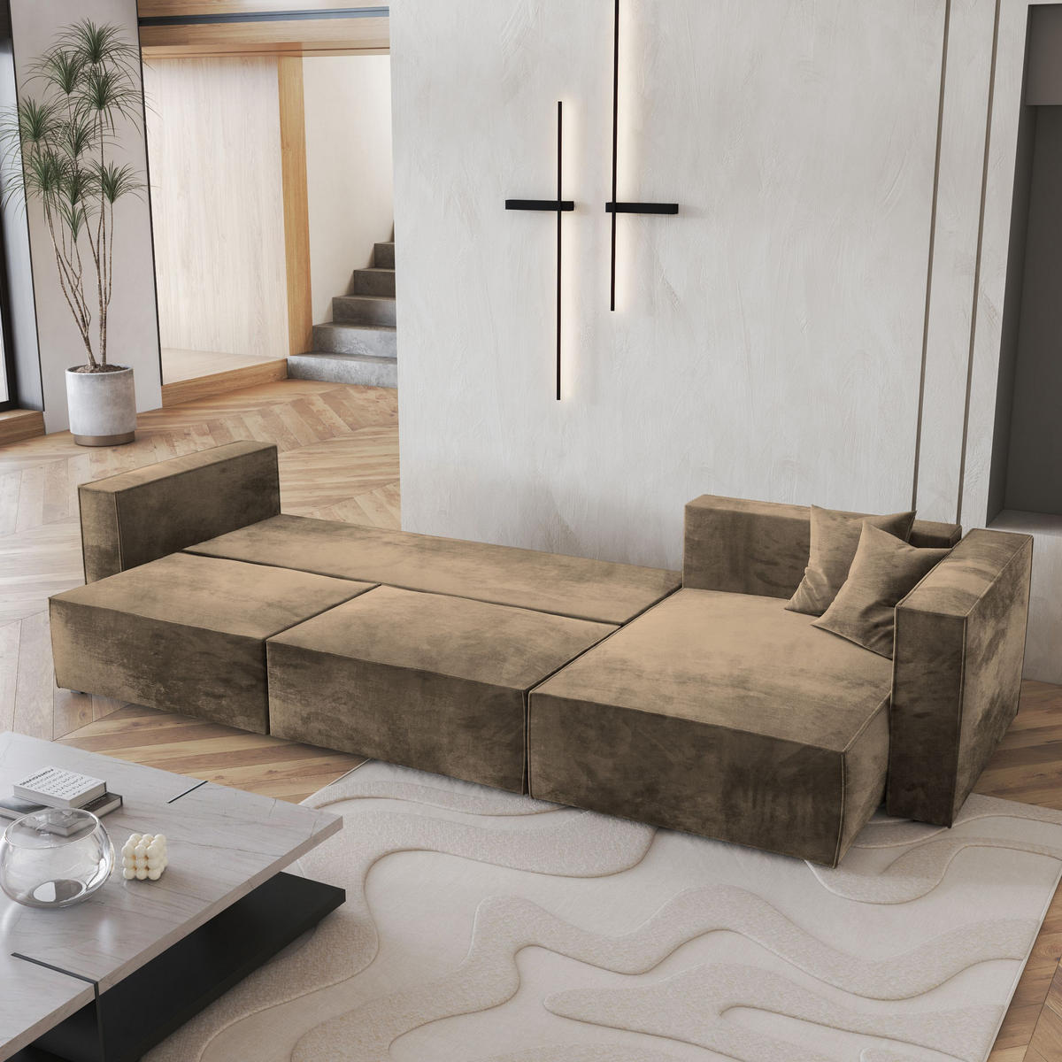ECKSOFA TOLMO M Beige Velours-Stoff mit Schlaffunktion - Beige, Holz (347/148cm) - MASSENO