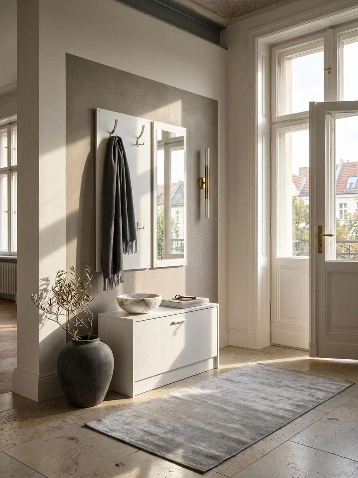 WANDGARDEROBE mit Spiegel, 10 Haken und Platz für 8 Paar Schuhe DELFT, Weiß 80x27x180 cm - Weiß, Holz (80/180/27cm) - KADIMA DESIGN