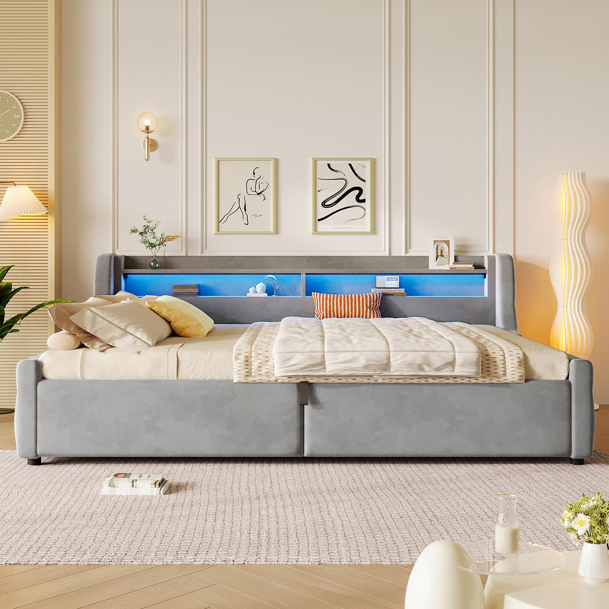 POLSTERBETT 140/200 cm in Grau Flanell mit Bettkasten und LED - Grau, Holzwerkstoff/Textil (140/200cm) - WISHDOR