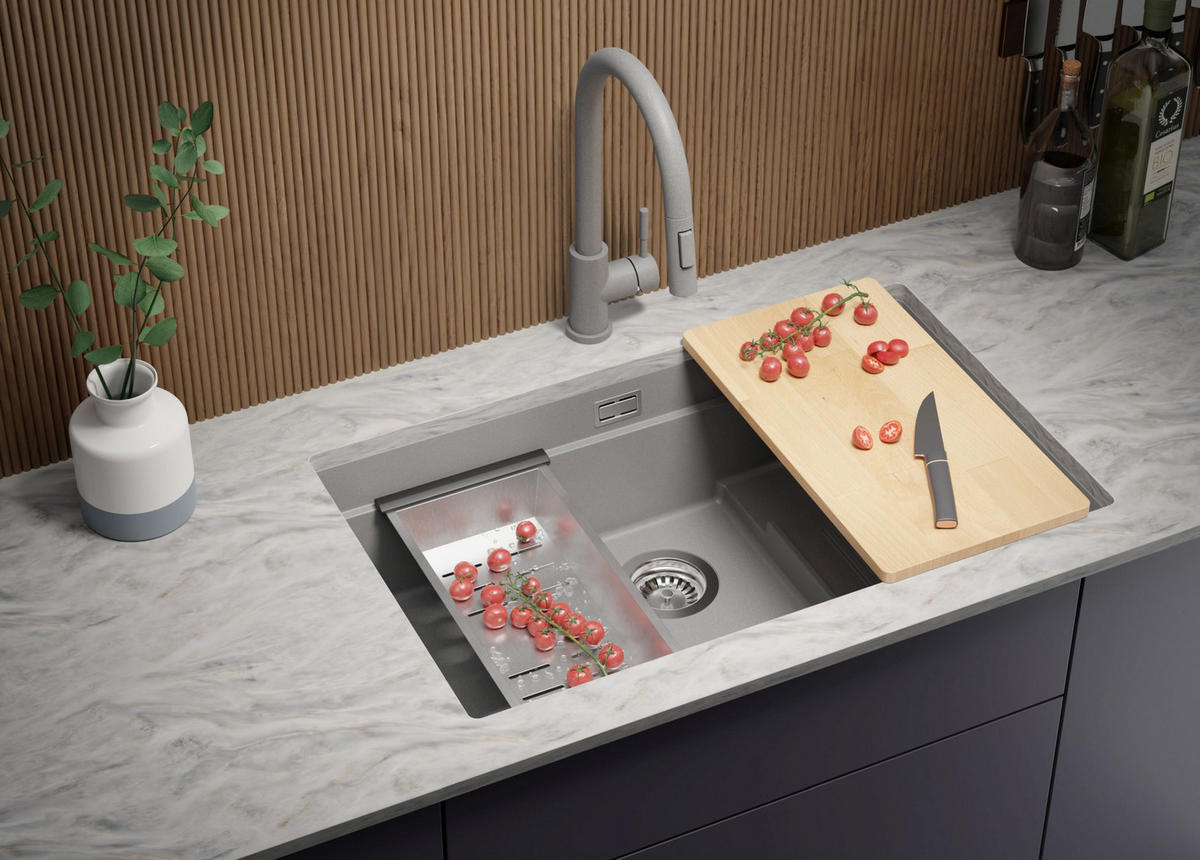 UNTERBAUSPÜLE GRANIT Praga, 2-er set Grau 76/47 cm 1 Becken + Küchenarmatur 32/20 cm + Ablauf-Set + Aufrollbare Abtropffläche ab 80er Unterschrank - Chromfarben/Grau, Kunststoff (76/20/47cm) - Primagran