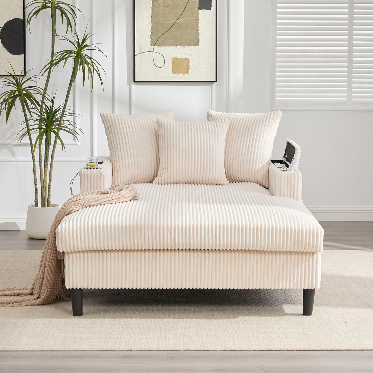 CHAISELONGUE Cord Beige mit LED, Stauraum und USB - Beige, Kunststoff/Textil (129/70/170cm) - WISHDOR