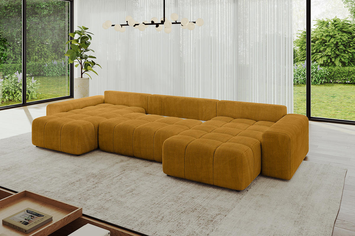 WOHNLANDSCHAFT ENIL-U 390x175x84 Senfgelb Cord - Currygelb, Holzwerkstoff/Kunststoff (390/84/175cm) - ALTDECOR