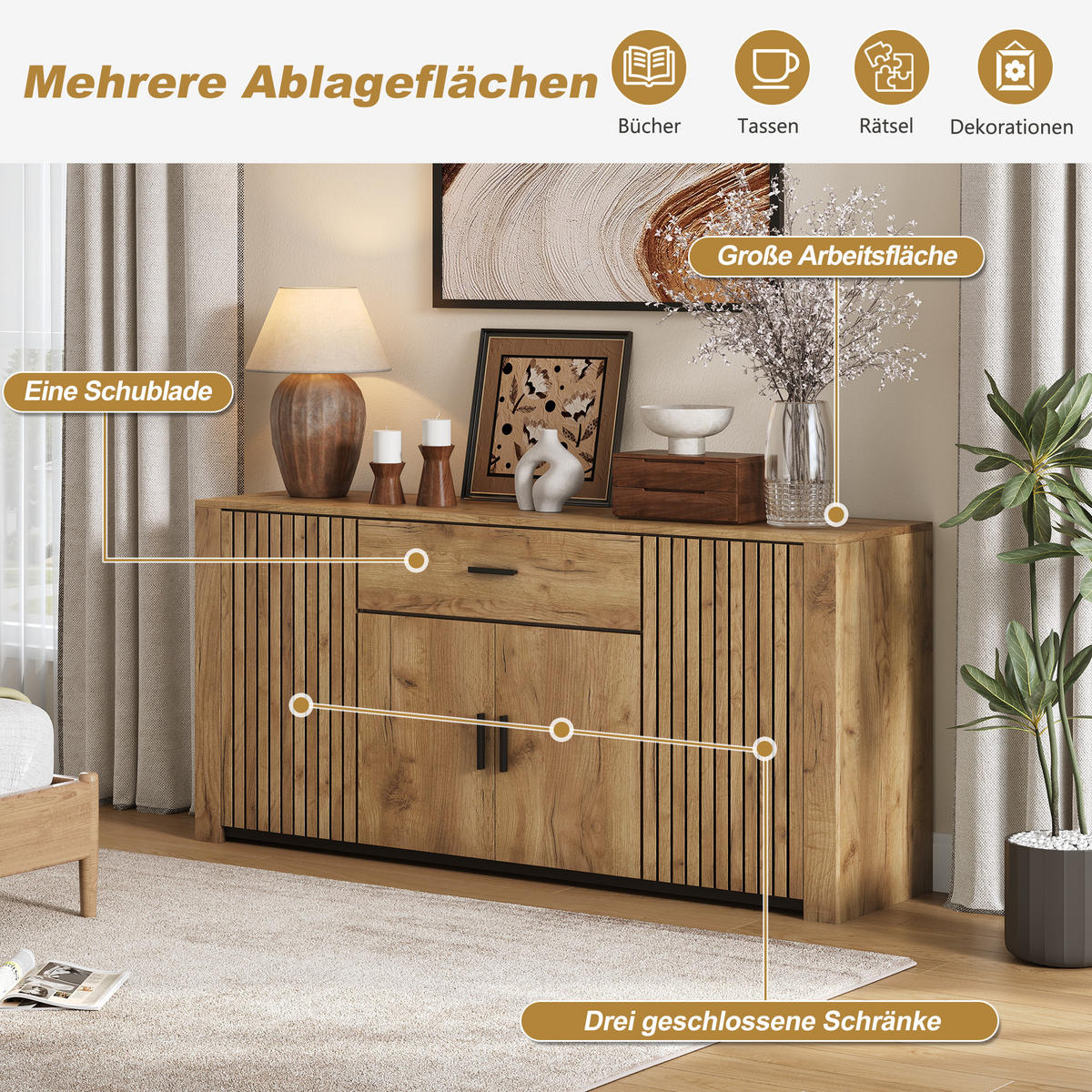 SIDEBOARD Holz 4 Türen 1 Schublade 160x40x75cm Stauraum - Eichefarben, Holzwerkstoff (40/75/160cm) - FLIEKS