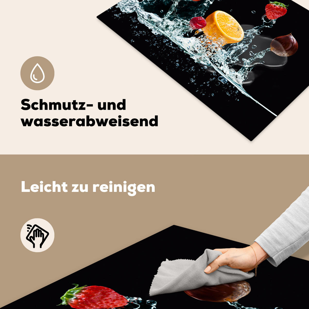 HERDABDECKPLATTE Wasser - Obst - Orange - Erdbeere - Kirsche - Schwarz 75x52 cm - Orange, Kunststoff (75/0.2/52cm) - MuchoWow