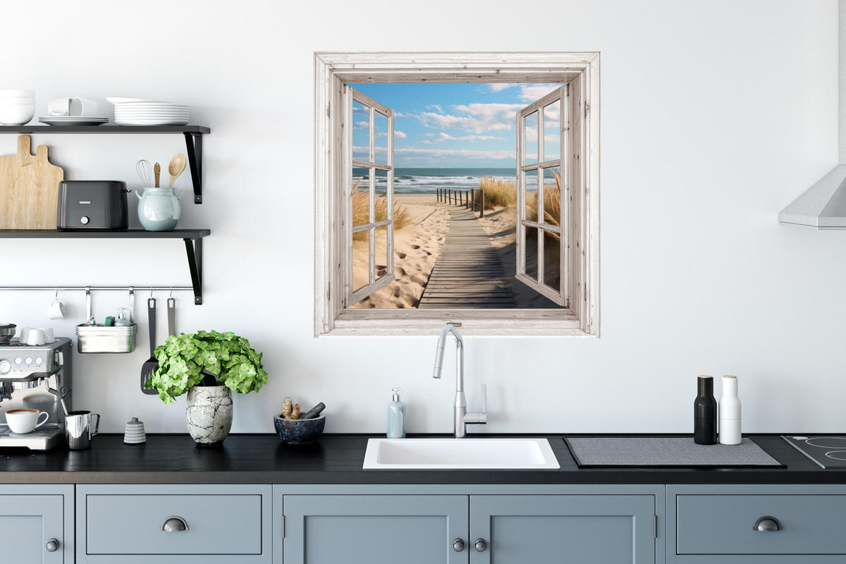 WANDTATTOO Fenster - Meer - Küste - Natur - Ausblick - Strand - Wattenmeer 50x50 cm - Beige, Kunststoff (50/50/0.1cm) - MuchoWow