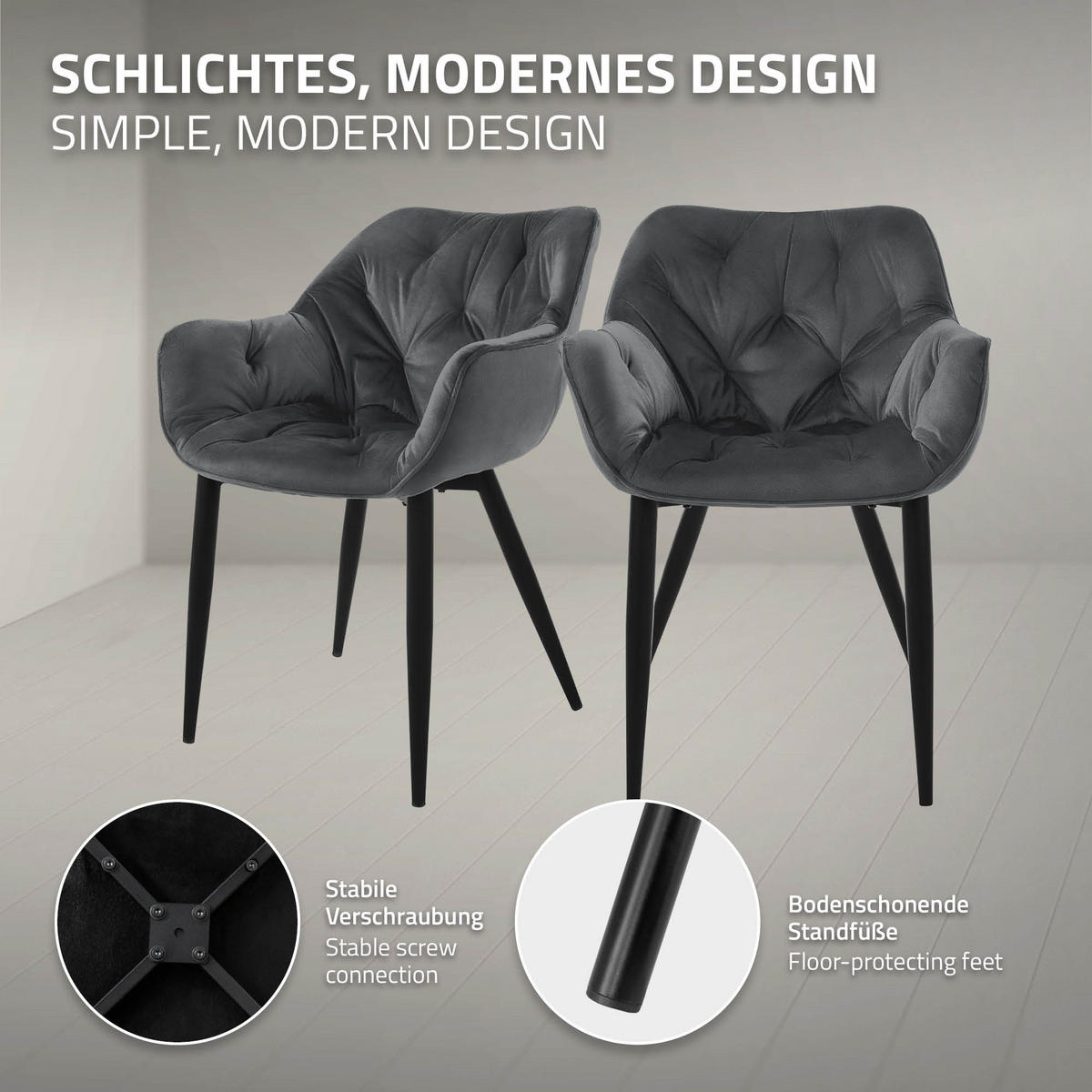 JÍDELNÍ ŽIDLE, sada 6 ks, antracitový samet - šedá/černá, kov (60/82/57cm) - ML-DESIGN