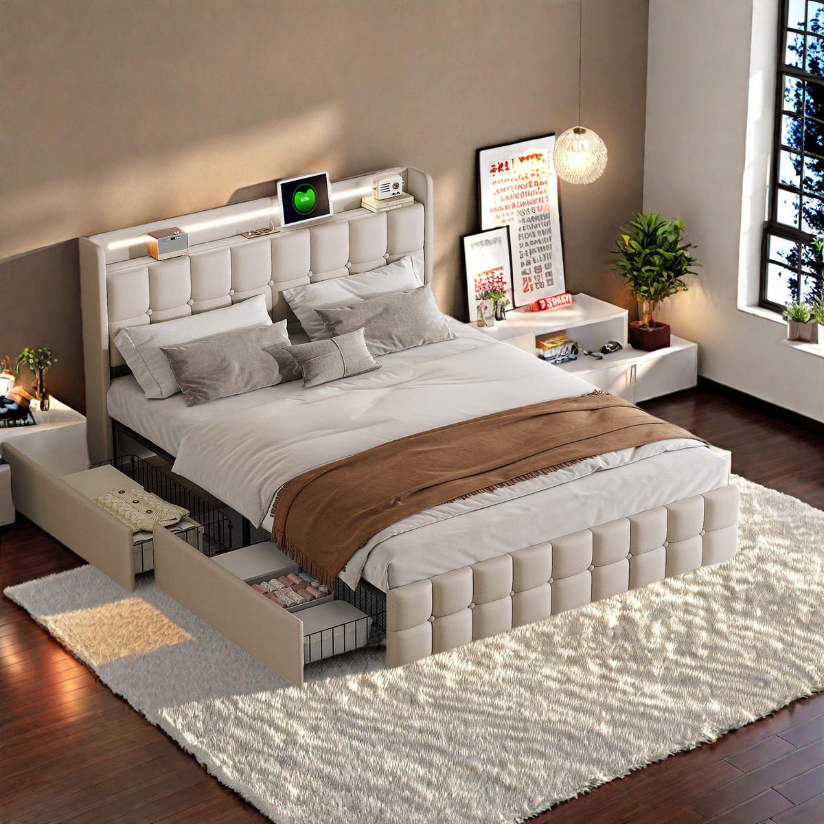 ČALÚNENÁ posteľ béžová 140x200 cm LED - béžová, kov (140/200cm) - SHOPENTRA