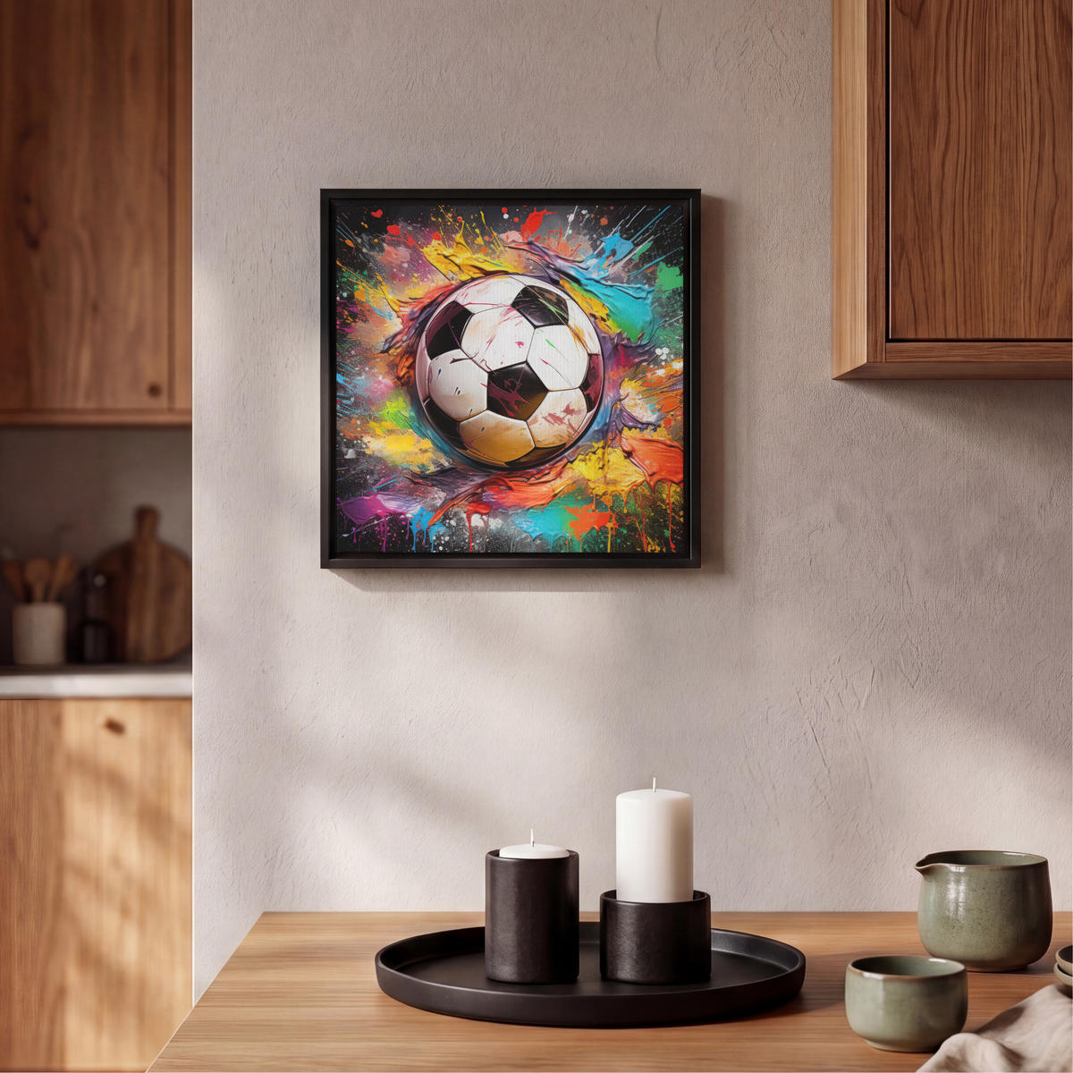 LEINWAND Bilder mit Rahmen - Fußball - Farbe - Farben - Schwarz - Weiß - 20x20 - Weiß, Textil (20/20cm) - MuchoWow