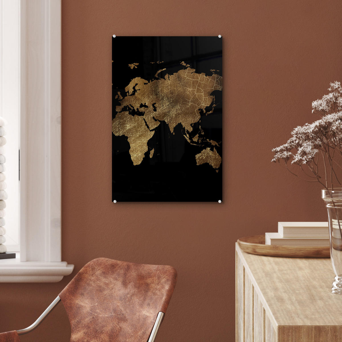 ACRYLGLASBILD Weltkarte - Gold - Luxus - Erde - Schwarz 40x60 cm - Goldfarben, Glas (40/60cm) - MuchoWow