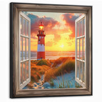 LEINWAND Bilder mit Rahmen - Aussicht - Fenster - Leuchtturm - Sonnenuntergang - Strand - 90x90 - Dunkelorange, Textil (90/90cm) - MuchoWow