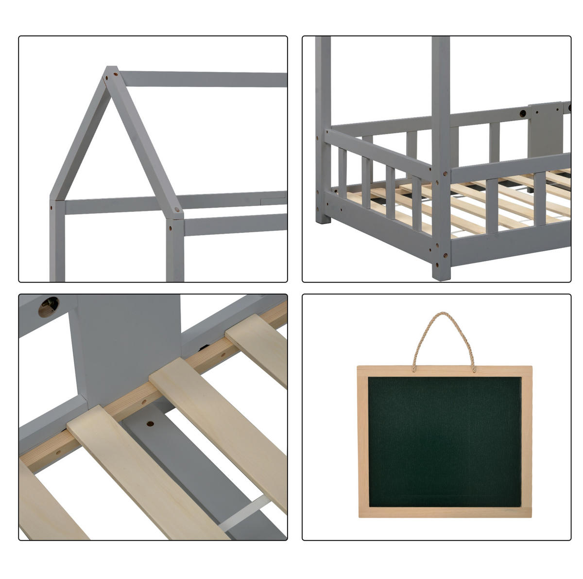 HAUSBETT 90/200 cm Grau aus Kiefer massiv mit Tafel und Rausfallschutz - Grau, Holzwerkstoff (90/200cm) - Flora Grace